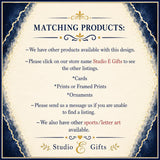 The image is a sign for a store called Studio E Gifts, which offers a variety of products such as cards, prints or framed prints, or ornaments, and sports/letter art. The sign provides information about the available products and instructions for customers to make a purchase or find a listing.