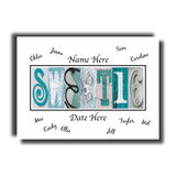 The image is a personalized nameplate featuring the name "SWEET16" made up of various letters and text.