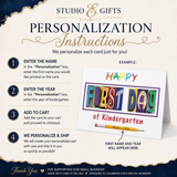 The image is a promotional graphic for personalized cards, featuring instructions on how to create a personalized card for a first day of Kindergarten.