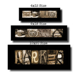 three framed artworks, each with a different size and containing various images arranged to spell out the word "PARKER".