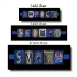 three different sizes of a nameplate, each with a unique design and color scheme. The nameplate is composed of various objects, such as a helmet, a police uniform, and a baseball glove, arranged in a visually appealing manner.