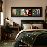 A bedroom with a large bed, a desk, and a framed collage of football-related images on the wall.