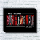 A framed collage of images arranged to spell out the name "BUFFINGTON" on a black background.