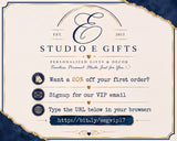 The image is an advertisement for a personalized gift store called "Studio E Gifts". It features a clean, elegant design with a white background and gold accents. The text provides information about the store's offerings, including a 20% discount on the first order, a VIP email signup, and instructions to type the URL below in the browser.