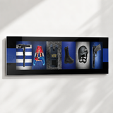 The image is a collage of various police-related items, including a baton, a helmet, a gun, a vest, and boots, arranged in a row on a black background.