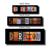 three different framed artworks, each with a unique design and color scheme, arranged in a row. The artworks are labeled with their respective sizes, including 4x12, 6x18, and 10x20.