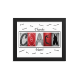 A framed collage of various images, including silhouettes of athletes and a coach, along with the text "Thanks Coach Matt!" written in a stylized font.