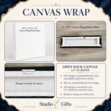 The image is a collage of four photos showcasing a canvas wrap product. The collage includes a close-up of a white canvas wrap, an open back canvas, and a close-up of a stretched canvas. The collage also includes text describing the product, such as the dimensions and features of the canvas wrap.
