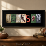 A framed collage of various football-related images, including a football, a helmet, and other football-related items, arranged to spell out the name "JACKSON".