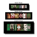 three different framed letter art pieces, each with a unique design and size. The first frame is 4x12 inches, the second is 6x18 inches, and the third is 10x20 inches. The art pieces are arranged in a way that they form the word "MATTER" when displayed together.