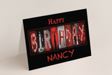 A birthday card with the name "NANCY" spelled out in the center, surrounded by various images of people and objects in a collage-like arrangement.