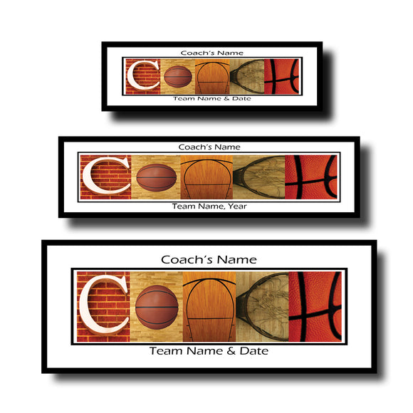 three framed pieces of artwork that are arranged in a row, each featuring a different basketball-related design. The artwork displays the letters 