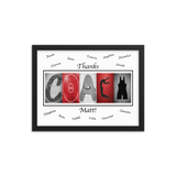 A framed collage of various images, including a silhouette of a person, a red and black design, and a silhouette of a person, all arranged to spell out the word "COACH".