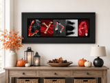 a wooden console table with various decorative items and a framed collage of images. The collage includes images of pumpkins, a vase of orange leaves, and a bowl of pine cones. The table also has a lamp and a candle, creating a cozy and festive atmosphere.