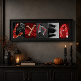a dark, moody scene with a framed collage of images, including a spider web, a skeleton, and a pumpkin. The collage is displayed on a wall above a wooden cabinet, which has various items on it, such as a candle, a book, and a vase.