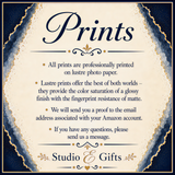 The image is a promotional poster for a company called Studio & Gifts, which offers professionally printed prints on lustre photo paper.