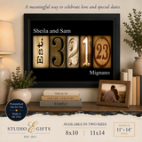The image is an advertisement for a personalized just for you gift from Studio & Gifts, established in 2013. The ad features a black frame with the numbers 3, 2, and 1, and a photo of a couple embracing. The ad also includes text describing the gift as a meaningful way to celebrate love and special dates, and it is available in two sizes: 8x10 and 11x14.