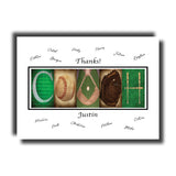 A personalized sign with the word "COACH" made up of various sports-related objects, such as a baseball, a glove, and a baseball bat. The sign is surrounded by a border of signatures, likely from people who appreciate the coach's work or contributions.