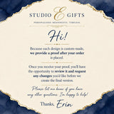 The image is a promotional message for a company called Studio Gifts, which offers personalized, meaningful, timeless gifts. The message is written in a formal and elegant font, with a blue and gold color scheme. It includes a welcome message and a request for feedback on the final version of the product.