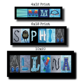 three framed prints with various objects and text arranged in a grid format. The prints are labeled as "4x12 Print", "6x18 Print", and "10x20 Print".