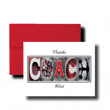 A personalized thank you card with the word "COACH" spelled out using various images, including a cheerleader, a basketball, and a brick wall.