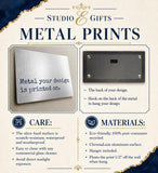 The image is a promotional graphic for metal prints, featuring a close-up of a metal print and a description of the materials used.