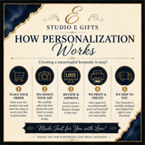 The image is an advertisement for Studio E Gifts, showcasing how personalization works for their gifts. It features a series of steps that guide customers through the process of creating a meaningful keepsake, from placing an order to receiving the final product. The ad emphasizes the ease of creating personalized keepsakes and expresses gratitude for supporting small businesses.
