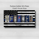 The image is a custom letter art piece that spells out "OFFICER" using various images of police badges and equipment.