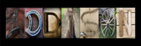 The image is a collage of various objects, including a horse, a wooden wagon wheel, a metal horseshoe, and a wooden wagon wheel, arranged to spell out the word "D".