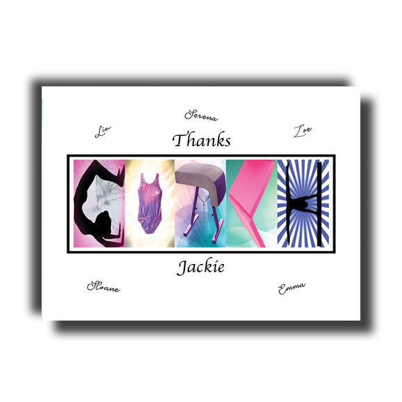 A personalized name art piece featuring the name Jackie, with various gymnastics-related images arranged to spell out the name.
