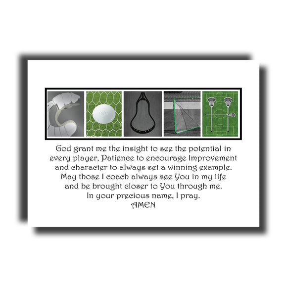 a prayer or message written in a religious context, with a focus on encouraging improvement and character in sports. The message is framed by a border with five different images related to sports, such as a tennis racket, a lacrosse net, a baseball glove, a basketball, and a tennis ball. The text is written in a religious style and is centered within the frame.