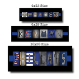 three different sizes of a nameplate, each with a unique design and color scheme. The nameplate is personalized with the name "PHILIPS" and features various objects such as a police badge, a gun, and a hand.
