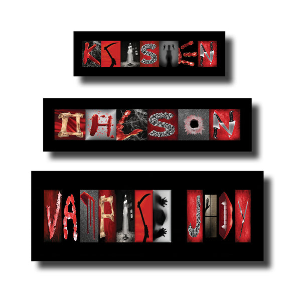 a collage of three separate images arranged to spell out the names 'KIRSTEN', 'VAMPIR', and 'JUDY' in a creative and visually striking manner.