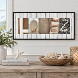 a wooden shelf with various decorative items, including a starfish, a bowl of seashells, and a framed collage of images that spell out the word "LESS THAN 500".