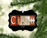 Football coach ornament with 2026 sample date and white ribbon
