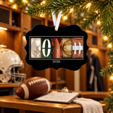 Football coach metal ornament with COACH photographic letter art and 2026 sample year, hanging in a festive football locker room with helmet and football.
