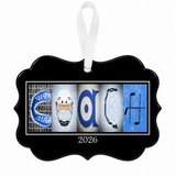 Blue Hockey coach ornament with 2026 sample date and white ribbon on white background