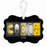 Yellow Hockey coach ornament with 2026 sample date and white ribbon on white background