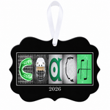 Green Hockey coach ornament with 2026 sample date and white ribbon on white background