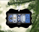 Personalized blue hockey coach metal Christmas ornament with COACH letter art