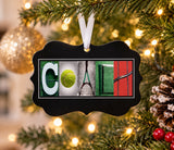Personalized tennis coach metal Christmas ornament with COACH letter art