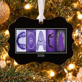 Purple wrestling coach personalized ornament with white ribbon and sample year 2026 hanging on a Christmas tree
