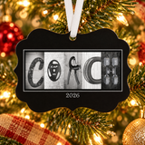 Personalized BCO39 weightlifting coach ornament with white ribbon, 2026, Christmas tree lifestyle image