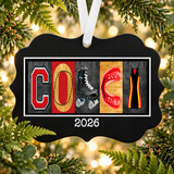 BCO41 2026 Benelux ornament framed by fern and evergreen foliage, white ribbon