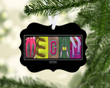 Personalized softball MEGAN letter art ornament with 2026 date and white ribbon