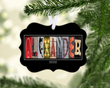 Personalized wrestling ALEXANDER letter art ornament with 2026 date and white ribbon