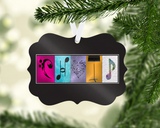 Music choir name ornament with original colorful letter art, white ribbon and white border