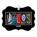 LUCAS hunting letter art ornament with 2026 date and white ribbon