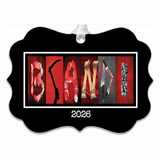 Personalized horror letter art ornament with 2026 date and white ribbon