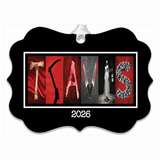 Personalized horror letter art ornament with 2026 date and white ribbon